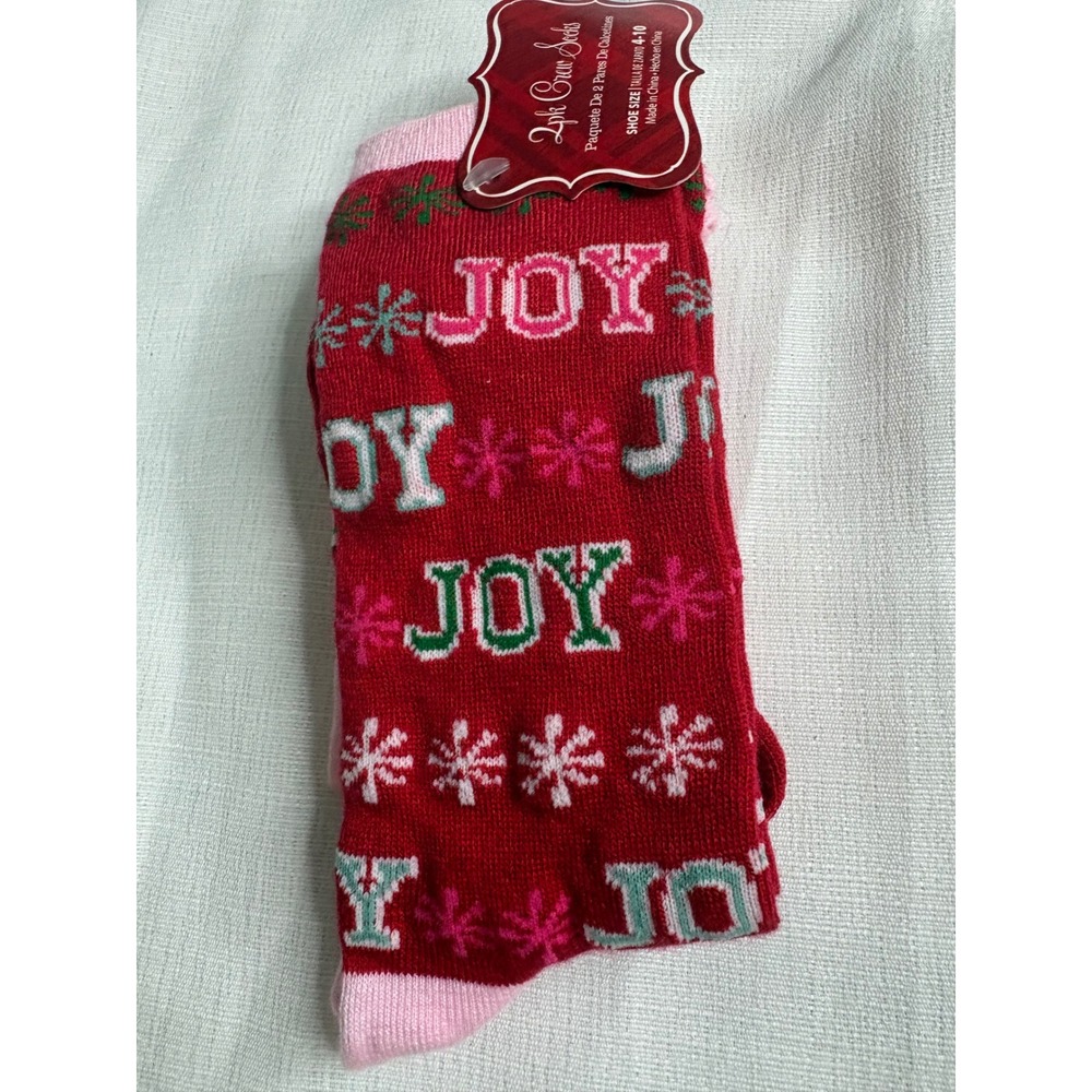 Holiday Crew Socks 2 Pack Red Pink Joy Snowflake Christmas Shoe Size 4-10 NWT